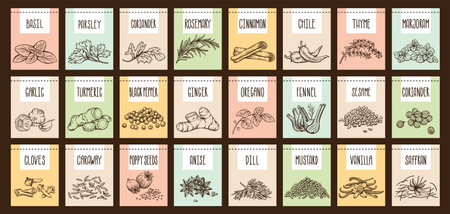 Vector set of stickers for spices. basil, parsley, coriander, rosemary, cinnamon, chili, pepper, thyme, turmeric, black pepper, ginger, oregano, cumin, poppy, anise, garlic, dill, mustard, saffron, vanillin, fennel, sesame, cloves, marjoramのイラスト素材
