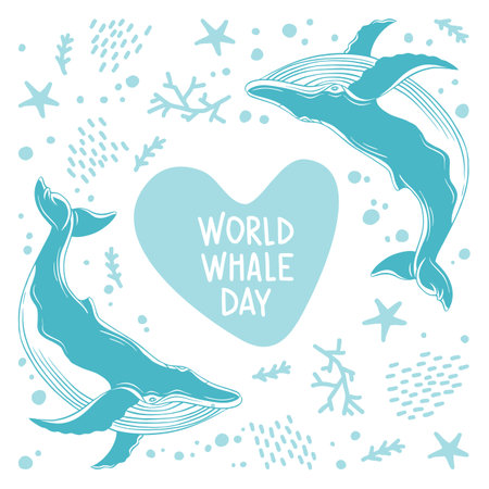 Whales are drawn in the style of linear art. Vector illustration with marine flora and fauna on a white background. Cetaceans with the inscription - World Whale Dayのイラスト素材