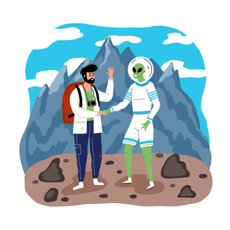 Ufologist met an alien in the mountains. a guy greets a UFOのイラスト素材