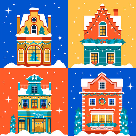Seamless pattern with Christmas houses. Bright European vintage facades with snow, decor and garlandsのイラスト素材