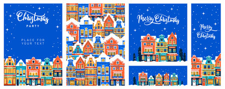 A set of postcards, posters, banners and a Merry Christmas pattern. Winter colored houses with decor.のイラスト素材
