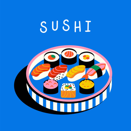 Traditional Asian Sushi food. Sashimi, rolls, on a plate.のイラスト素材