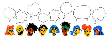 A set of characters with bubbles clouds. different emotions of people. people talk, talk, argue, voteのイラスト素材