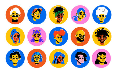 A large set of bright cartoon avatars. Diverse multicultural characters. Faces of men and women