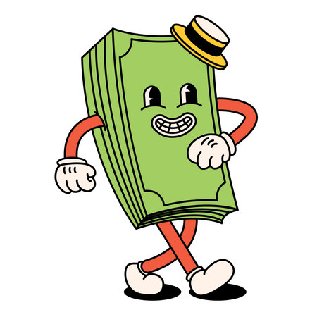 Funny happy cartoon Brain with glasses reads and learns. The style of the 60s, 70s. positive and good vibesのイラスト素材