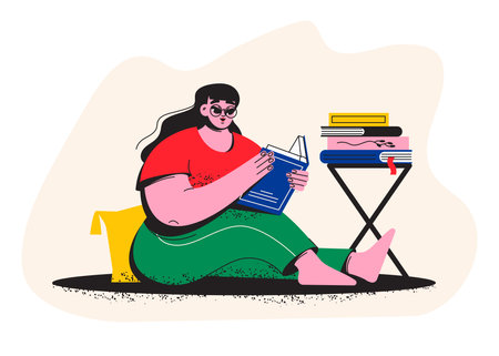 A fat girl is reading a book. A student is sitting on the floor with a book. library, bookstore. Literatureのイラスト素材