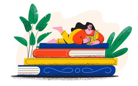 A woman is reading. A young girl is lying on books. Library or bookstoreのイラスト素材