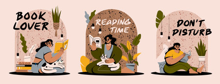 A set of cozy illustrations. A girl is reading a book. A woman is resting at home in a beautiful interior with a catのイラスト素材