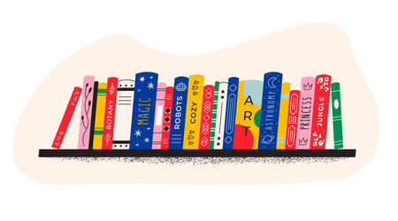 A shelf with bright books, textbooks and magazines. Illustration for library, bookstore, readingのイラスト素材