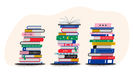 A stack of bright books and textbooks. A lot of literature. Illustration for library, bookstore, readingのイラスト素材