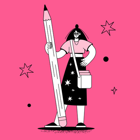 A flat student stands and holds a pencil. Women study and write. Girl artist, illustrator drawsのイラスト素材