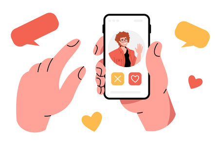 A human hand is holding a smartphone. Assign a date to a man. Message, correspondence, love. dating app.のイラスト素材