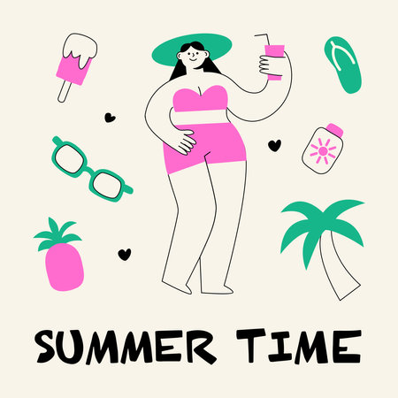 Funny girl in a hat sunbathing in summer. A woman with a cocktail at a beach party. Summer time, holidays, weekends.のイラスト素材