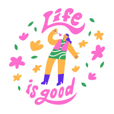 Funny hippie girl. Typography life is good. a woman with a flower. bright flat illustrationのイラスト素材