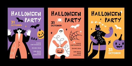 A set of posters for a Halloween party. Funny people in suits. Vampire, ghost and black catのイラスト素材