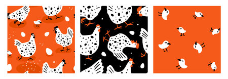 A set of seamless patterns of chickens, chickens, eggs. Children's design for fabric, paper, packaging, clothingのイラスト素材