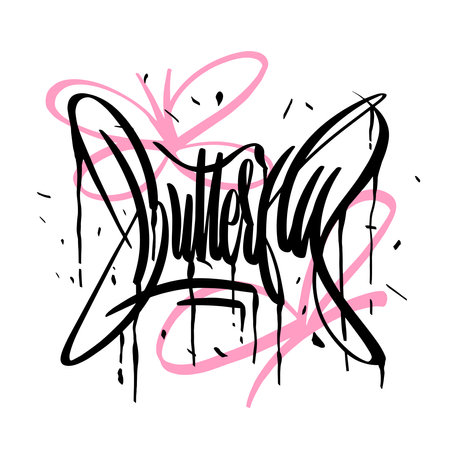 The inscription is in the style of graffiti Butterfly. A girl's transferable temporary tattoo. grunge print for fabricのイラスト素材