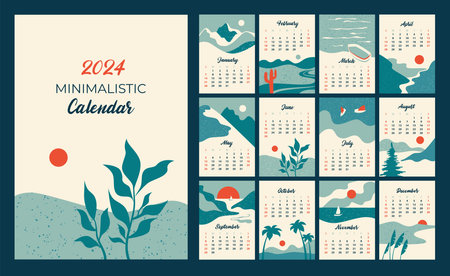 Minimalistic calendar of 2024. Beautiful flat landscapes. Posters in the Scandinavian style. Vertical layouts for printingのイラスト素材