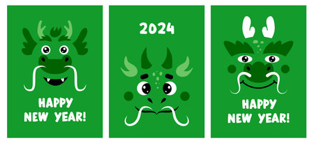 A set of postcards Happy NEW YEAR 2024! Chinese Year of the Green Dragon. Cute funny cartoon dragon.のイラスト素材