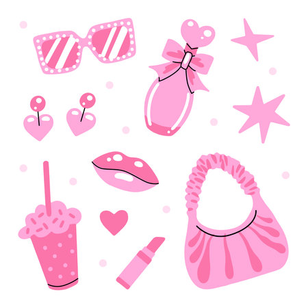A set of pink women's accessories, perfume, cocktail, lipstick, lips, earrings, glasses. Things in a girl's bagのイラスト素材