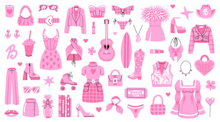 A large set of pink clothes and accessories. Girls' outfits, dresses, shoes for a plastic doll. Barbicoreのイラスト素材