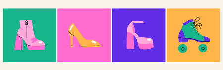 A set of fashionable women's shoes. Retro boots and roller skates. Hippie style of the 70s. cartoon flat illustrationのイラスト素材