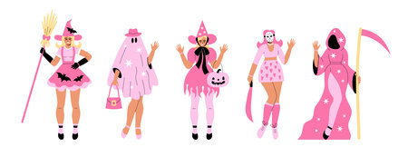 A set of plastic dolls in pink Halloween costumes. Pink girl party. Barbicoreのイラスト素材