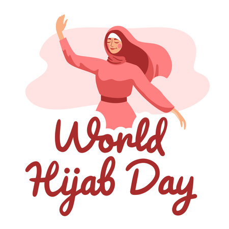 A covered girl in a pink hijab. International Hijam Day. A Muslim woman is smiling. Flat, cartoon, vector.のイラスト素材
