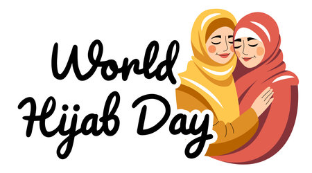 Covered girls in hijab hugging. International Hijam Day. Two Muslim women are smiling. Flat, cartoon, vector.のイラスト素材