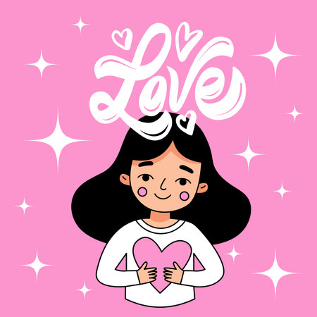 A beautiful girl holds a heart in her hands. A lovely woman wishes you a happy Valentine's Day. Vector, Cartoon, Flatのイラスト素材