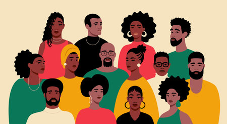 A group portrait of black people. African American men and women. Black History Month. Cartoon,...
