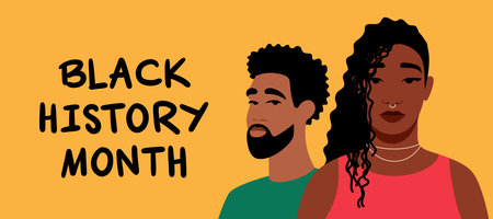 portrait of a black woman. An African-American girl. Black History Month. Cartoon, flat, vector illustration. horizontal bannerのイラスト素材