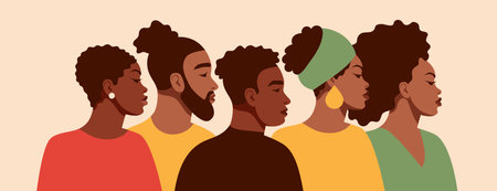 A group portrait of black people. African American men and women. Black History Month. Cartoon, flat, vector illustrationのイラスト素材