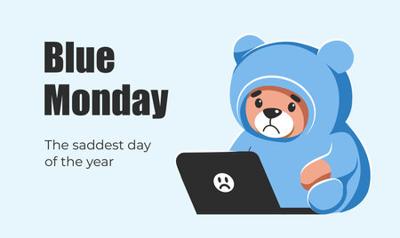 Sad Teddy bear is sitting in front of a laptop. Blue Monday. Cartoon, flat, vector illustrationのイラスト素材