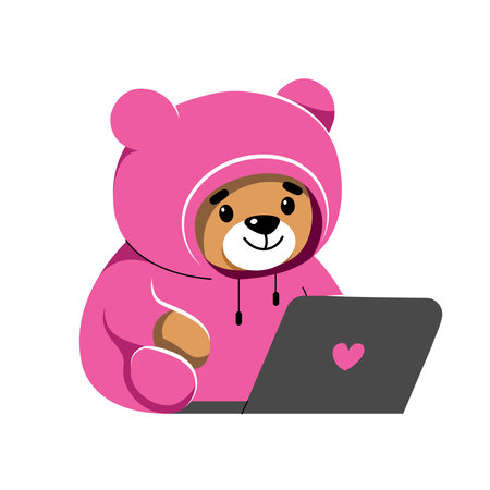 Cute funny Teddy bear in a pink suit is sitting in front of a laptop. Flat, cartoon, vector illustrationのイラスト素材
