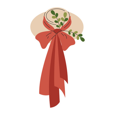 A cute rural straw hat with a red ribbon and a bow. cottagecore fashion. Vintage, retro. Vector, flat, cartoon illustrationのイラスト素材