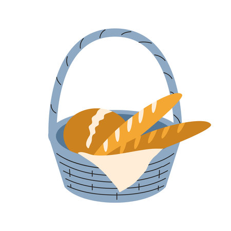 Pastries, bread, baguette in a blue wicker basket. Vector, flat, cartoon illustrationのイラスト素材