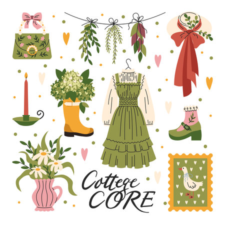 A set of cute cottage core style elements. Rural girl aesthetics. Flowers, retro clothes, vintage dresses. Vector, flat, cartoon illustrationのイラスト素材
