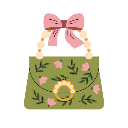 Cute women's handbag with flowers, embroidery. cottage core fashion. Vintage, retro. Vector, flat, cartoon illustrationのイラスト素材