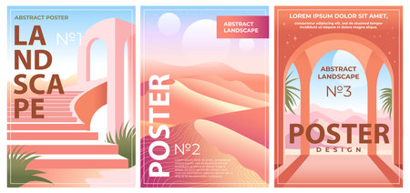 Set of Abstract landscape poster. Terracotta colors. Desert, architecture, dunes. Vector illustrationのイラスト素材