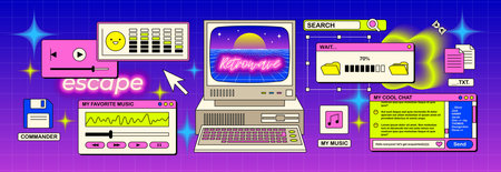 The screen of an old retro PC in the y2k style. Retro wave and vaporwave background. Bright vintage...