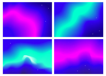 a set of futuristic abstract posters. Neon background, blur, northern lights. Bright, acidic cosmic colors. Vector illustrationのイラスト素材