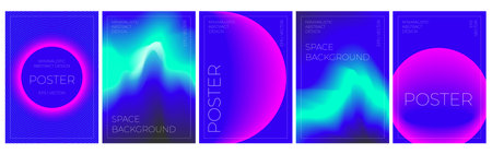 a set of futuristic abstract posters. Neon background, blur, northern lights. Bright, acidic cosmic colors. Vector illustrationのイラスト素材