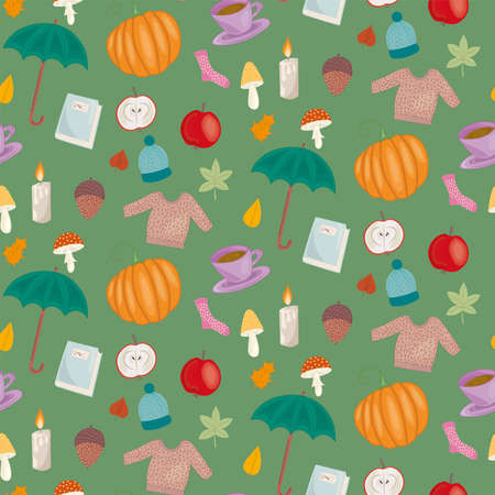 Hygge autumn cosy pattern, with nature, food and clothing motifsのイラスト素材