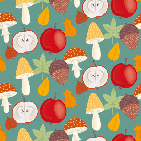 Autumn woodland pattern with mushrooms and leavesのイラスト素材