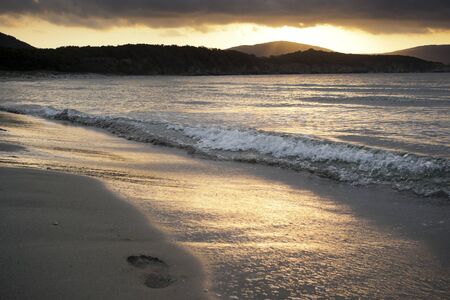 A solitary footprint on a wild beach as the tide goes out