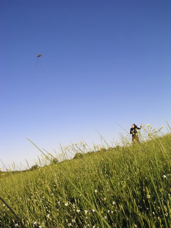 Young girl flying a kite in the fresh green grass under the clear blue skyの写真素材