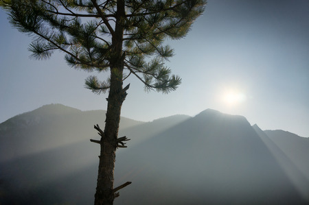 The light of the sun shinning over the mountain ridge creating heavenly rays.の写真素材