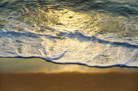 Beautiful golden light shining over the sea waves gently gliding over the sandy beach.の写真素材