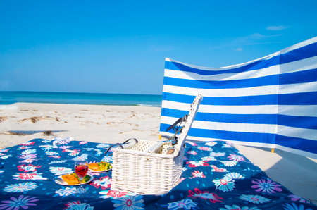 Picnic on the beach. Eating in nature, sitting with friends. Grilled salmon served with salad on a picnic blanket. Wine and picnic basket. Spending free time in nature.の写真素材